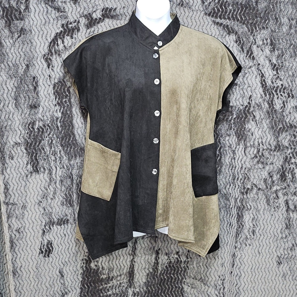 Damee Inc Colorblock Faux Suede Tunic Top Sz L/XL Pockets Asymmetric Avant Garde